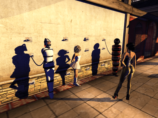 Enjoying bondage: Mistress Jenny inspects slave Flo, Angelique and Mii