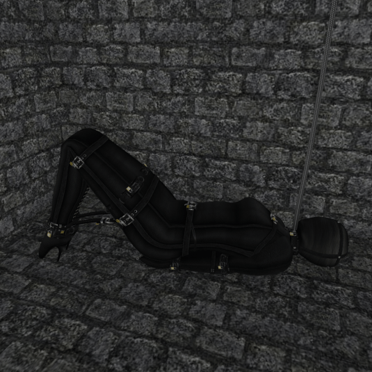 slave Nina in her RF subsuit, and RF Hood, leashed in our dungeon cell and enjoying her bondage and the silence