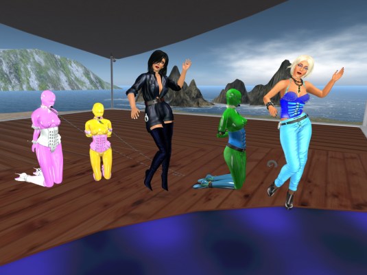 First Friday Night Party 2016: slaves Nina and Flo watching their owners Jenny and Diomita dancing (Sklavin Gebby added to the picture)