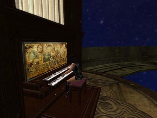 May 2nd: Jenny playing the piano in the planetarium at JPK Airship Pirates Port Town