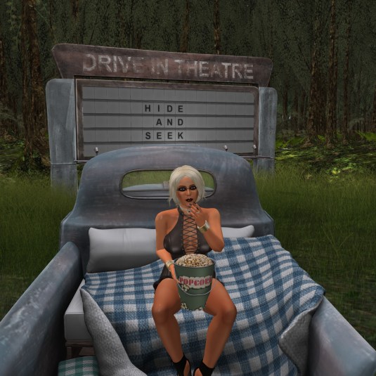 August 6th: Diomita eating popcorn at Hide & Seek drive-in cinema