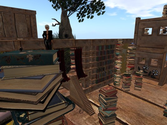 September 2nd: Climbing up a pile of books at Cica's Library