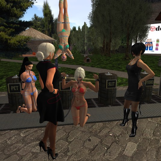 September 7th - the slave outfit for September: slave Adarra, Diomita, slave cecy (suspended for drying), Kitty and Mistress Jenny at Lochme
