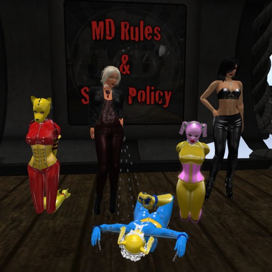 Jan 2nd at MD: slave puppy Adarra, Diomita, slave cecy (hogtied), slave Flo and Mistress Jenny