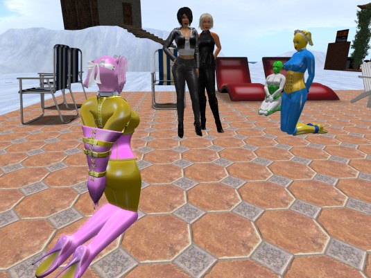 Jan 10th at the platform Patio; slave Flo, Mistress Jenny, Diomita, Kitty and slave cecy